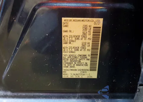 2017 Nissan Murano S z USA, uszkodzony, nr VIN 5N1AZ2MHXHN169006